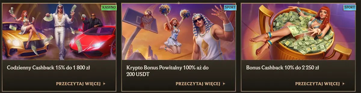 Polish casino and sports promo cards featuring a daily cashback offer up to 1,800 zł, a crypto welcome bonus up to 200 USDT, and a cashback bonus up to 2,250 zł, each with luxury-themed artwork and “Przeczytaj więcej” links on a dark gold interface.