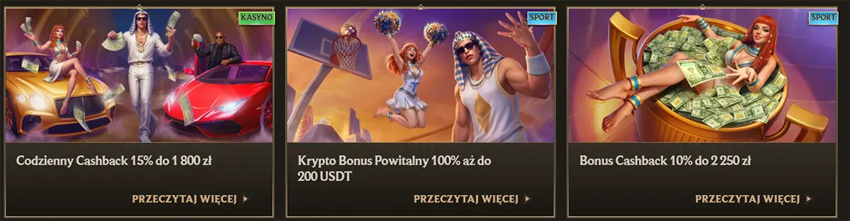 Polish casino and sports promo cards featuring a daily cashback offer up to 1,800 zł, a crypto welcome bonus up to 200 USDT, and a cashback bonus up to 2,250 zł, each with luxury-themed artwork and “Przeczytaj więcej” links on a dark gold interface.