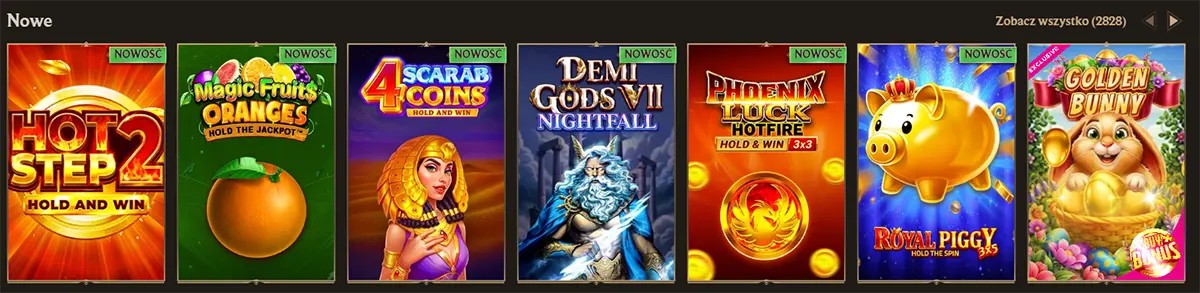 New slot games section with colorful thumbnails including Hot Step 2, Magic Fruits Oranges, 4 Scarab Coins, Demi Gods VII Nightfall, Phoenix Luck Hotfire, Royal Piggy, and Golden Bunny, plus “Nowość” labels and a “Zobacz wszystko” link on a dark casino interface.