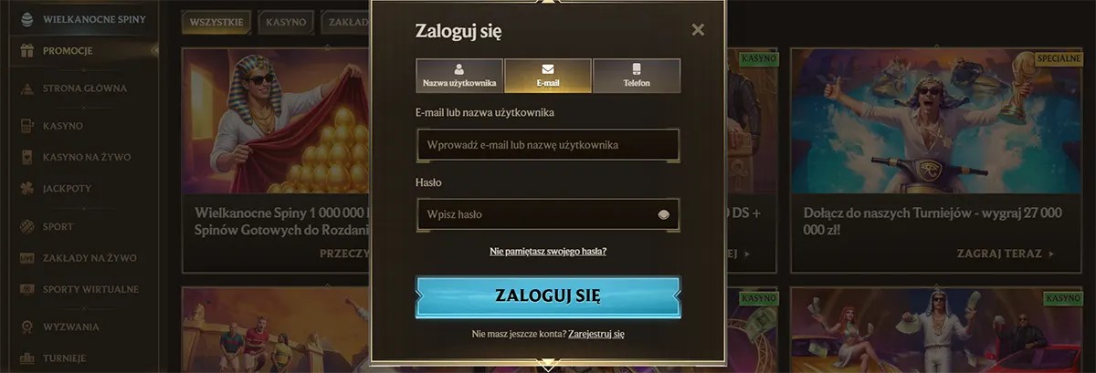 Polish casino login popup with username, email, and phone sign-in tabs, email or username and password fields, forgot password link, a bright blue “Zaloguj się” button, and a registration prompt on a dark gold promotions page.