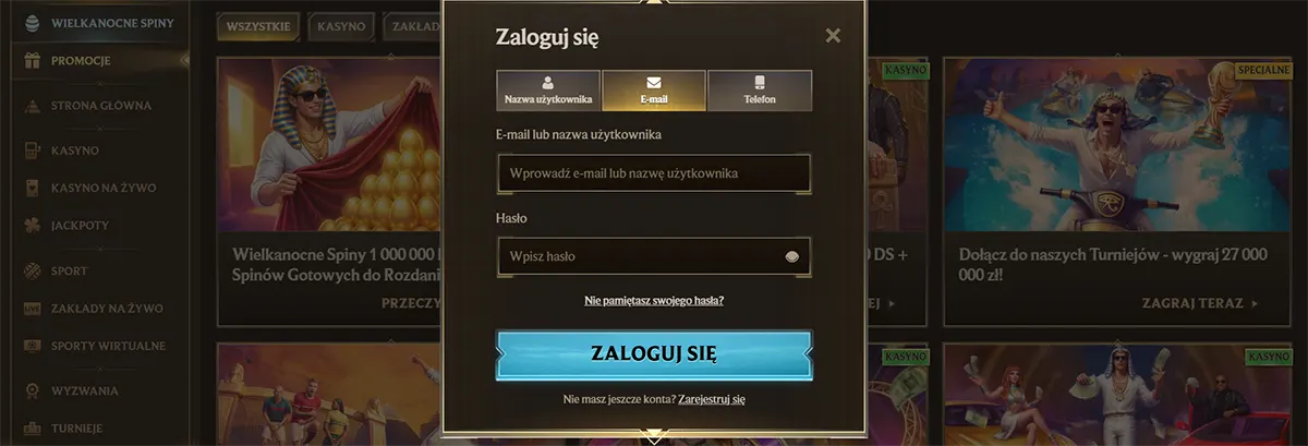 Polish casino login popup with username, email, and phone sign-in tabs, email or username and password fields, forgot password link, a bright blue “Zaloguj się” button, and a registration prompt on a dark gold promotions page.